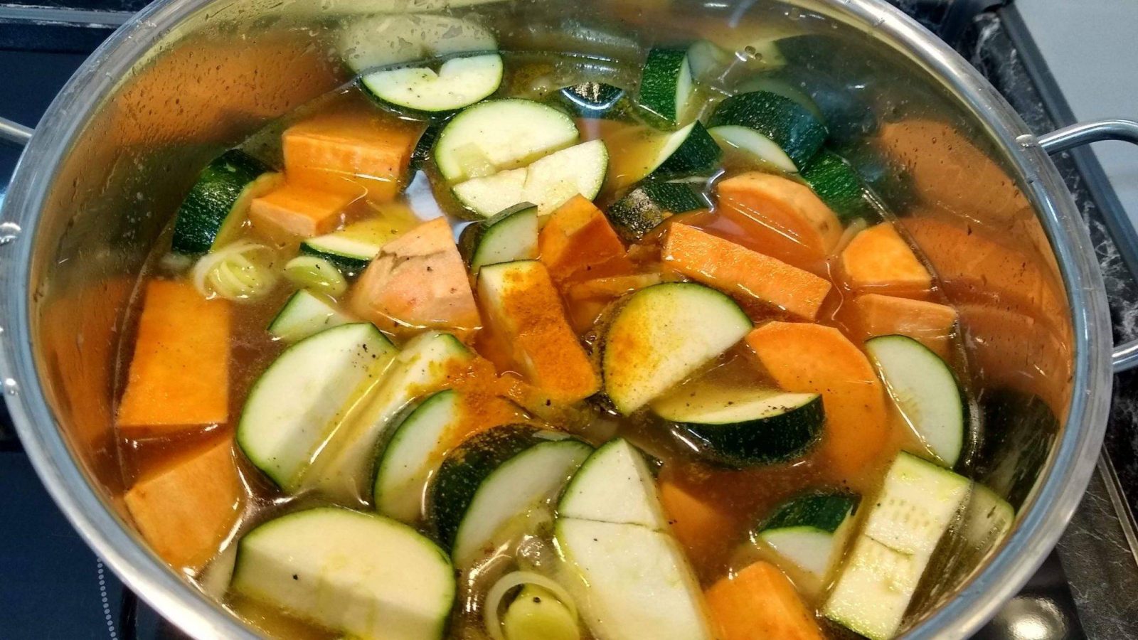 leek, zucchini, sweet potatoes in vegetable broth