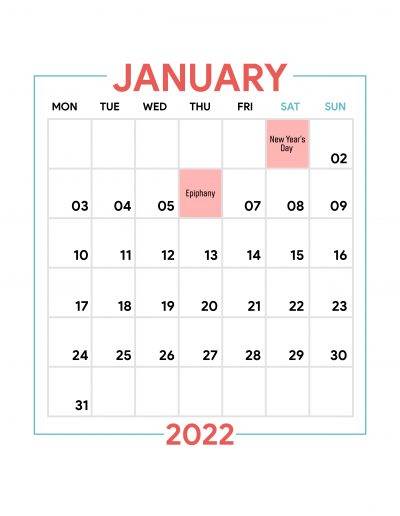 Holidays Observed in Spain - January 2022