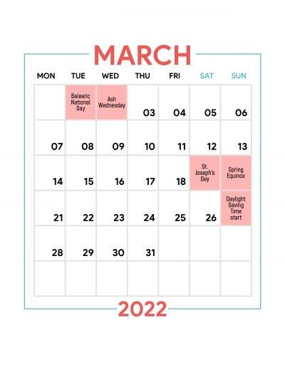 Holidays Observed in Spain - March 2022