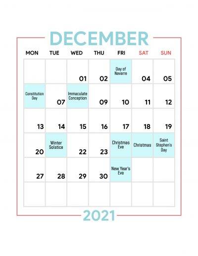 Holidays Observed in Spain - December 2021