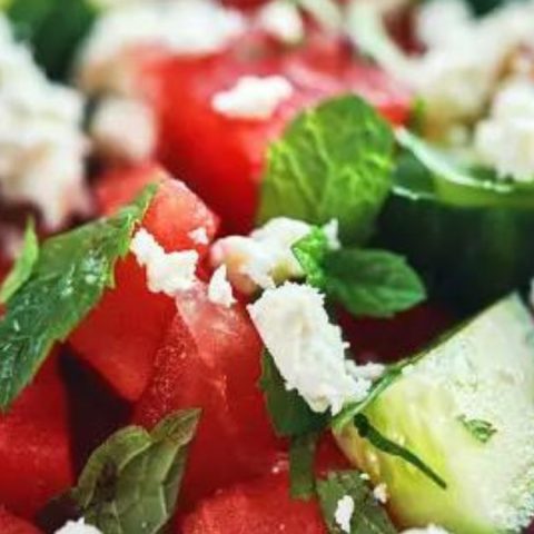 Watermelon salad with cucumbers and olives